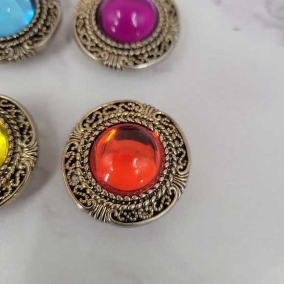 Vintage 80s Colorful Gem Style Gold Toned Button Covers and Bonus Blazer Clip - Picture 4 of 7